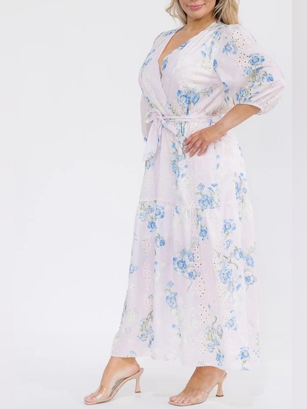 0254.  Light Floral Eyelet Wrap Maxi Dress in Blue - Picture 3 of 4